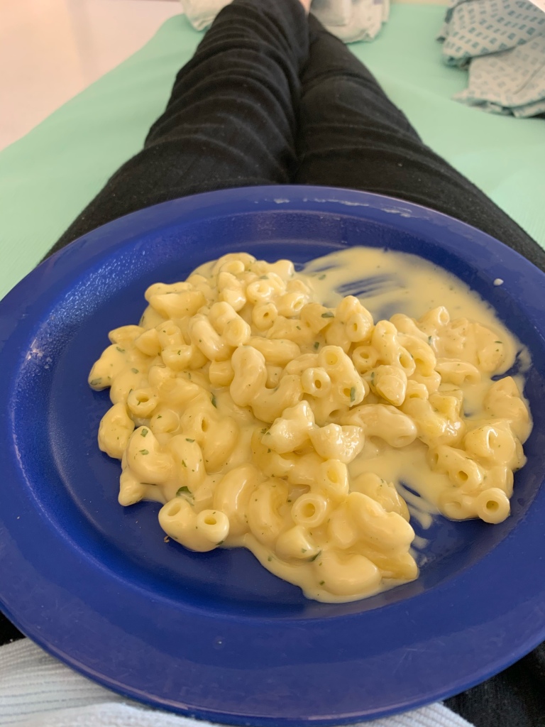 Hospital food; a bowl of cheesy pasta